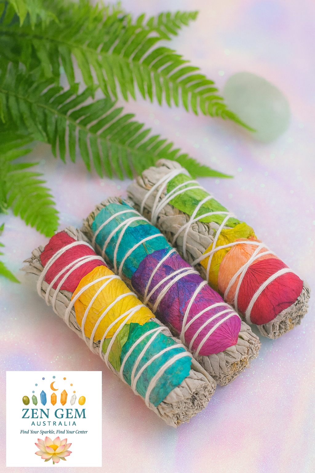 Rainbow 7 Chakra White Sage Rose Petal Smudge Stick 10cm ~ Realign Your Energy